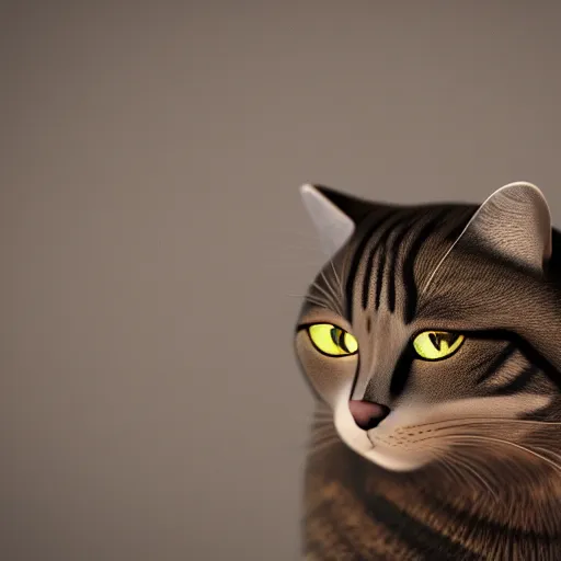 Prompt: A detailed 3d render of a cat with silver metal fur, bokeh, 8K, volumetric lighting