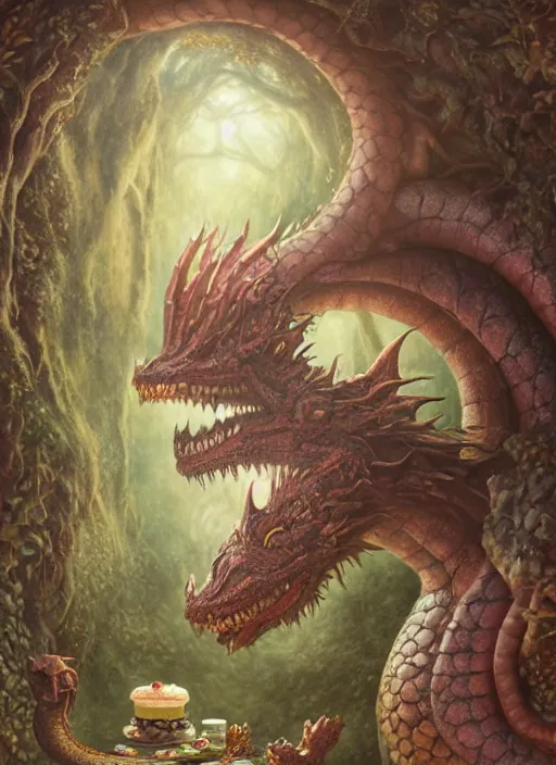 Image similar to highly detailed closeup portrait of a fairytale dragon eating cakes, unreal engine, nicoletta ceccoli, mark ryden, earl norem, lostfish, hyung tae, frank frazetta, global illumination, detailed and intricate environment