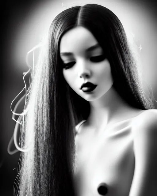 Image similar to black and white dreamy smoky young beautiful female artificial intelligence, long hair are made of smoke, cinematic, rim light, bokeh, photo - realistic, elegant, high detail, 8 k, masterpiece, photo taken in 1 9 3 0