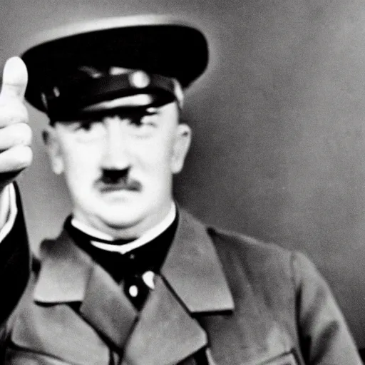 Prompt: high definition photo Hitler smirking while pointing up with one finger, 4k