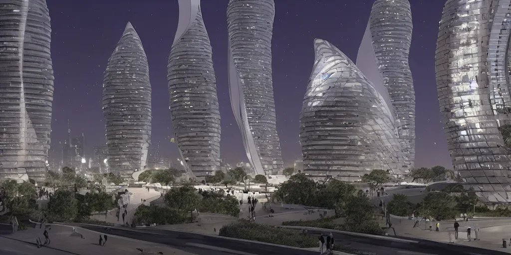 Image similar to city design by Zaha Hadid in starry nigth in the background