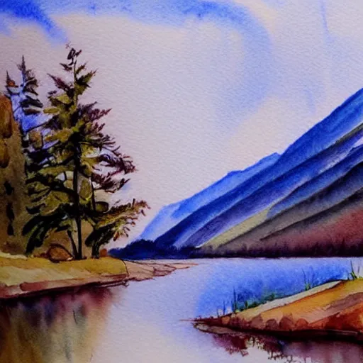 Prompt: river, mountains, beautiful trees, watercolor painting