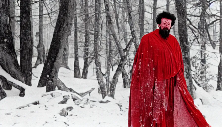 Prompt: 1 9 6 0 s movie still of marcus aurelius frozen to death under the snow by the side of a river in a red toga with a tired marked face, pine forests, cinestill 8 0 0 t 3 5 mm, high quality, heavy grain, high detail, texture, dramatic light, anamorphic, hyperrealistic, detailed hair, foggy
