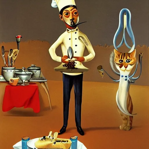 Image similar to anthropomorphic cats chef competing at the Masterchef TV show, by Salvador Dali