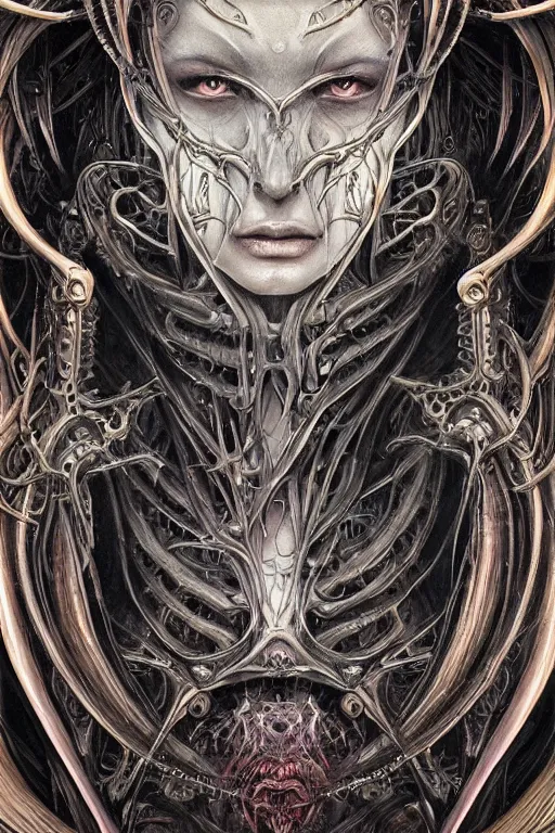 Prompt: Elden Ring and Doom themed painting of majestic chromatic biomechanical anatomical human hybrid beautiful ethereal angel symmetrical neutral mask closeup face tattoo pattern golden ratio concept, Neo-Gothic concept, infinity glyph waves, intricate artwork masterpiece, very coherent artwork, cinematic, full frontal facial features by Artgerm, art by H.R. Giger, Takato Yamamoto, Zdizslaw Beksinski, Johnatan Wayshak, Moebius, Ayami Kojima, very anatomically coherent artwork, trending on cgsociety, ultra high quality model, production quality cinema model, high detail chromatic ink outline, octane render, unreal engine 8k, hyper realism, high detail, octane render, unreal engine, 8k, High contrast