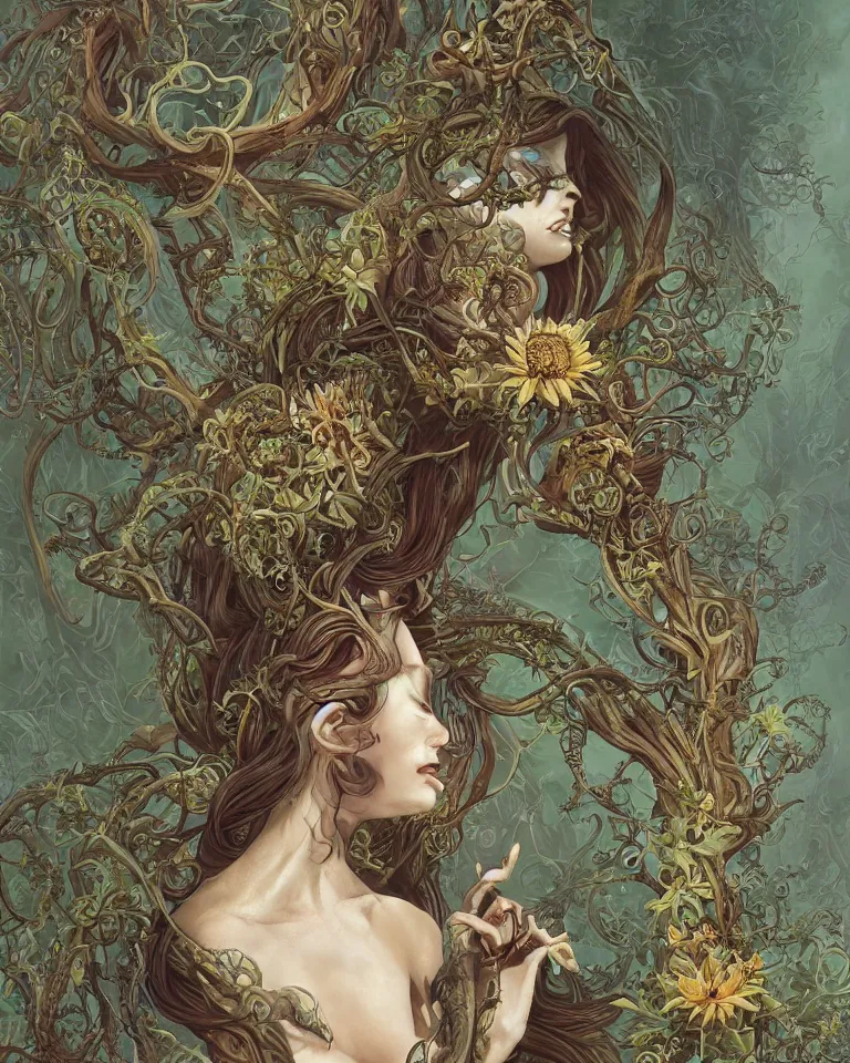 Image similar to centered beautiful detailed side view profile portrait of a young and beautiful woman, ornate sunflowers growing around, ornamentation, thorns, vines, tentacles, elegant, beautifully soft lit, full frame, by wayne barlowe, peter mohrbacher, kelly mckernan, h r giger