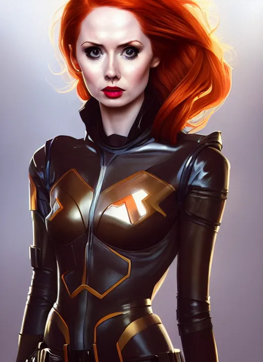 Image similar to Karen Gillan Batgirl, redhead, full body, no mask, symmetrical face symmetrical eyes, leaping from a building, illustration, artstation, cinematic lighting, hyperdetailed, cgsociety, 8k, high resolution, Charlie Bowater, Tom Bagshaw, Norman Rockwell, insanely detailed and intricate