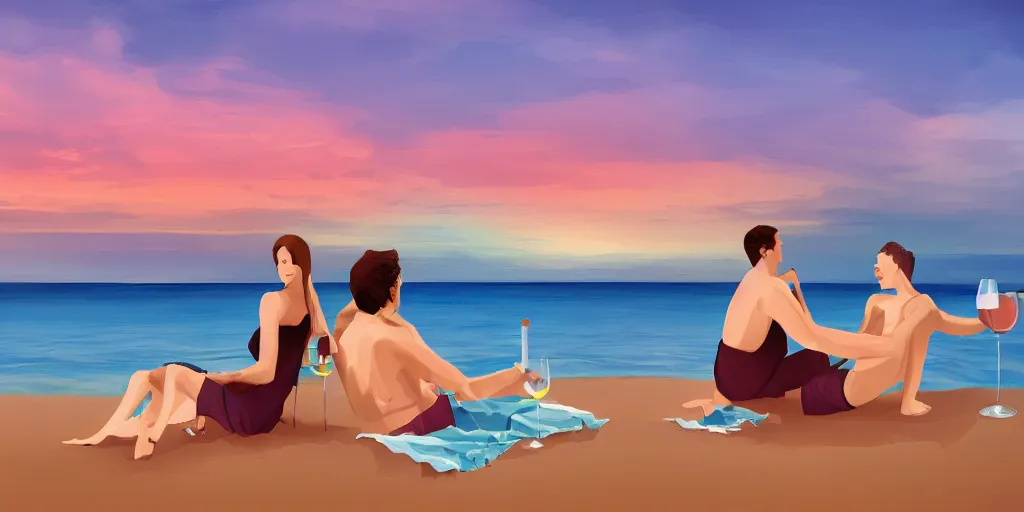 Image similar to one young man and one young woman drinking wine on a beach, beautiful colors, amazing landscape, digital art