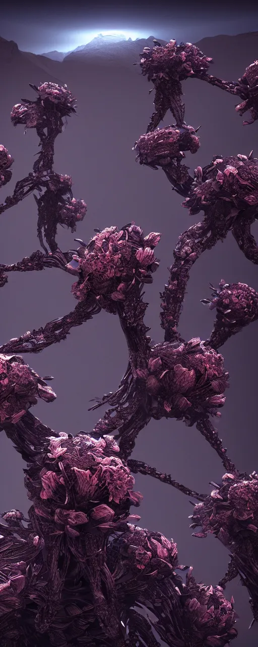 Image similar to visceral exoskeletal formations surrounding of aliens flowers and plants, mythical mountains, dramatic dark contrast lighting, surreal, hyper detailed, cycles 3 d render, 8 k