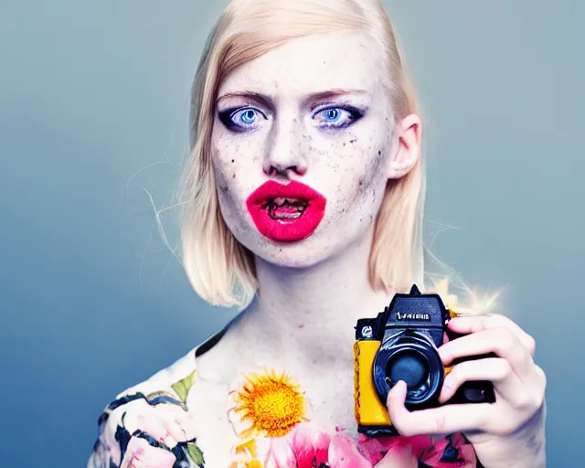 Image similar to pale young woman with bright blonde hair, freckles, blue eyes and a wide face, flowery dress, using a professional slr camera close to her face, dramatic lighting, bright flare, surreal art by anna nikonova