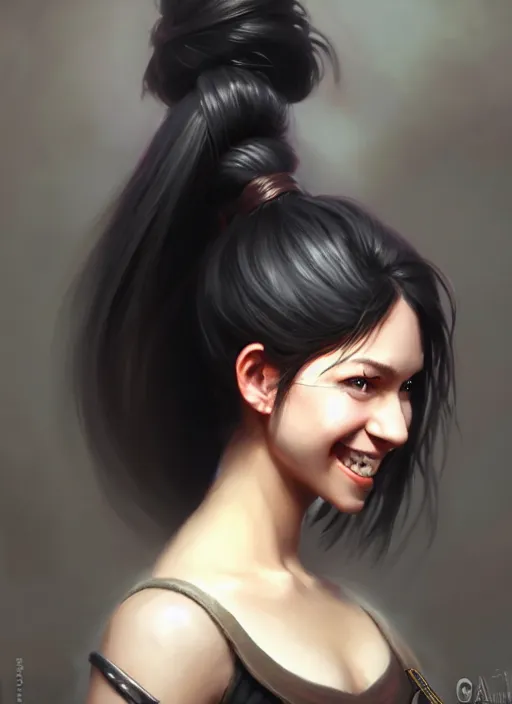 Image similar to a _ fantasy _ style _ portrait _ painting _ of woman, ponytail black hair, smile, round face, engineer rpg dnd oil _ painting _ unreal _ 5 _ daz. _ rpg _ portrait _ extremely _ detailed _ artgerm _ greg _ rutkowski _ greg