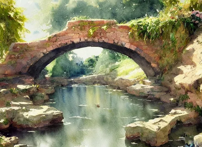 Image similar to watercolor of rustic stone bridge with mural, ivy, summer daylight, bright clear day, clouds, high detailed art by dennis miller bunker, work by anders zorn, wonderful masterpiece by greg rutkowski, beautiful cinematic light, american romanticism by greg manchess, creation by tyler edlin