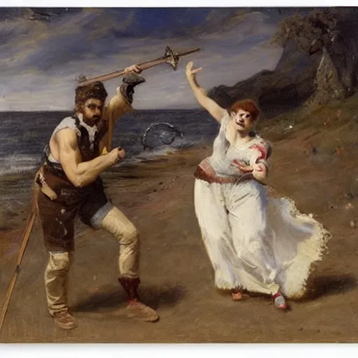 Prompt: man and woman fighting a monster by alfred stevens