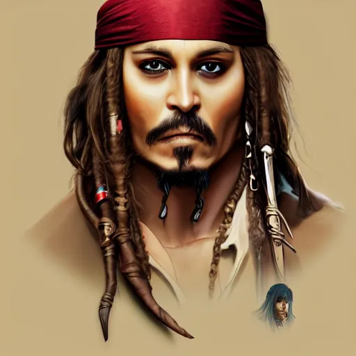 Image similar to portrait of captain jack sparrow, clear clean face, symmetrical face, blurry background, pose, trending on artstation, alexandra fomina artstation, face by ilya kushinov style, style by loish, painterly style, flat illustration, high contrast