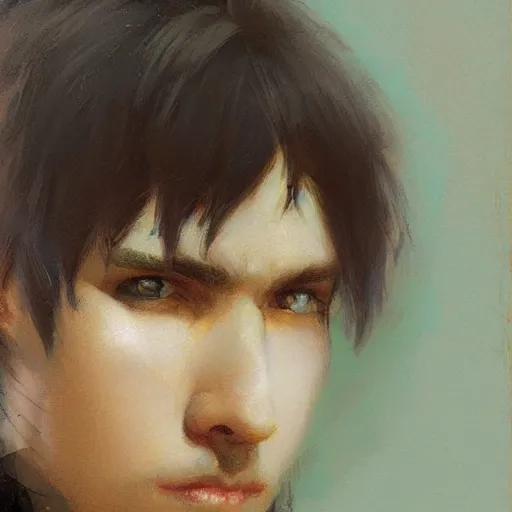 Image similar to A handsome, cute emo guy, close-up portrait by Gaston Bussiere, Craig Mullins, trending on artstation, artstationHD, artstationHQ, artstation digital artwork