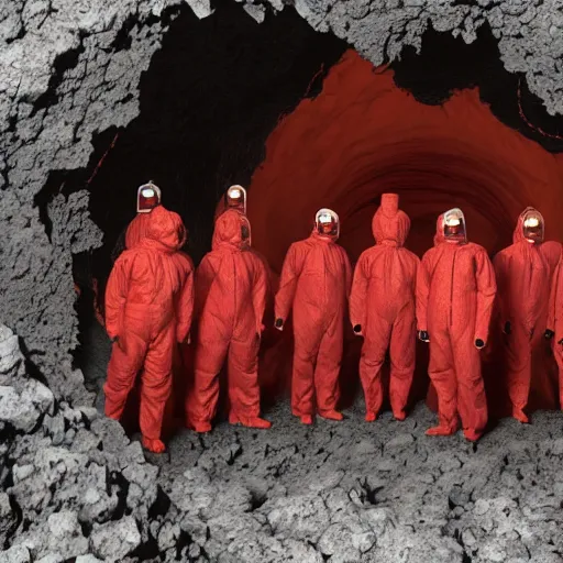 Prompt: wide - shot photo of a group of scientists in hazmat suits, studying a hell open rift portal, by shaun tan, codachrome, hellish, unsettling, otherworldly, blood, machines, 8 k, hd, highly detailed,