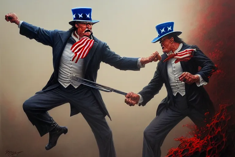 Prompt: painting of uncle sam punching steven seagal, d & d, fantasy, intricate, elegant, highly detailed, digital painting, artstation, concept art, smooth, sharp focus, illustration, art by greg rutkowski, michael whelan and gustave dore