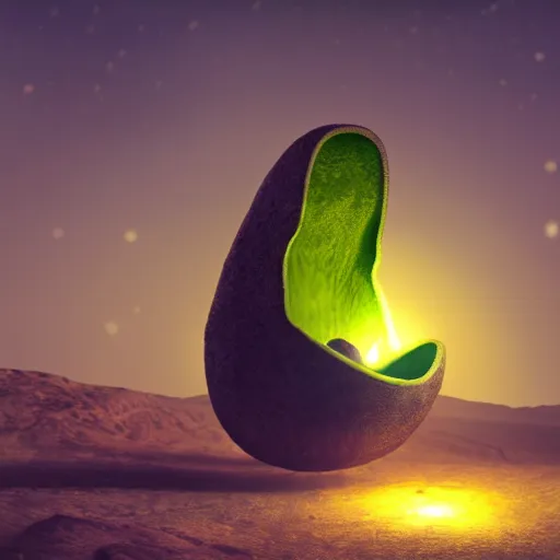 Image similar to a green avocado armchair on the moon, illuminated by narrow light beam , fantasy illustration, trending on artstation, deviantart, very realistic, 4k