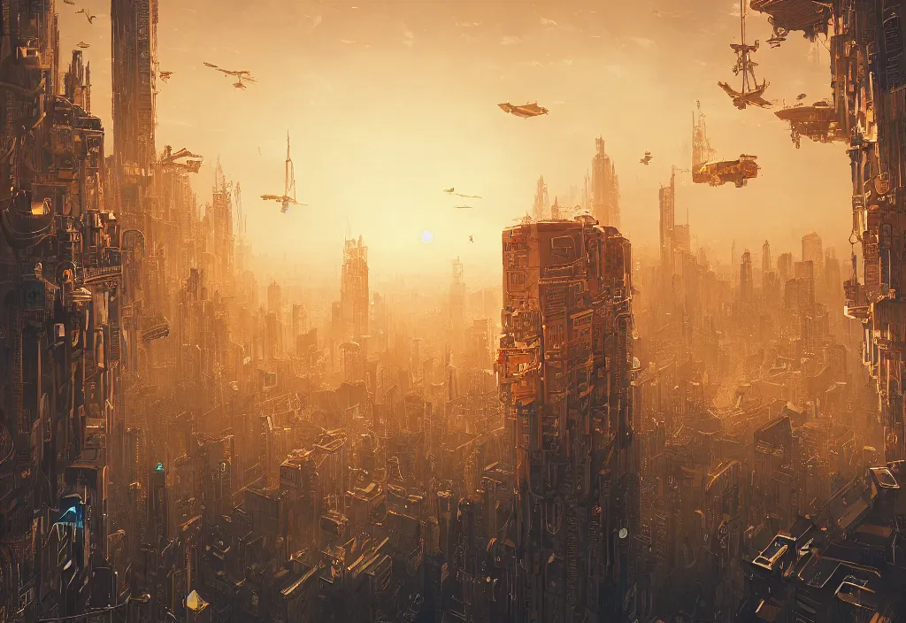 Image similar to flying city by alena aenami, city in the sky, buildings are flying, steampunk, digital art, 4 k, trending on artstation, impressive, epic composition, highly detailed, golden hour, no ground