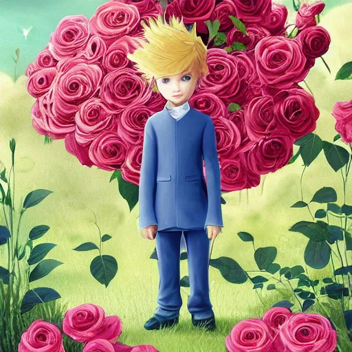 Prompt: the little prince standing in a garden of roses, blond hair, gorgeous, amazing, elegant, intricate, highly detailed, digital painting, artstation, concept art, sharp focus, illustration, art by corinna ice