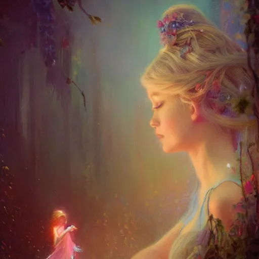 Prompt: Fairy Princess illustrated by Gaston Bussiere and Greg Rutkowski, gloomy and neon lighting, bloom effect, soft focus, volumetric lighting, 4k, 8k, intricate, detailed, trending on artstation, artstationHQ, artstationHD, artstation digital artwork.