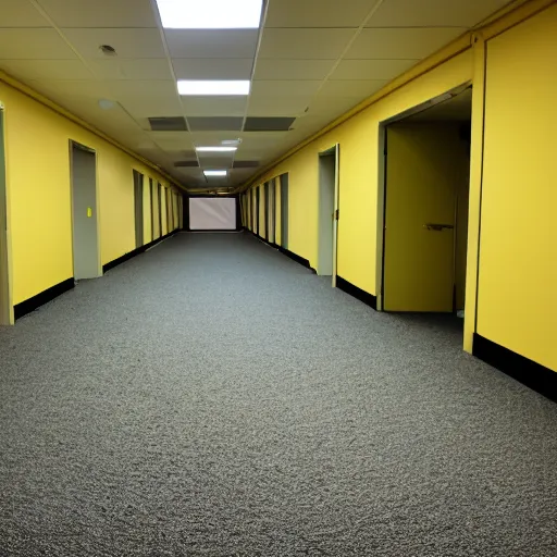 Prompt: Backrooms, old moist carpet, mono-yellow, fluorescent lights, randomly segmented rooms