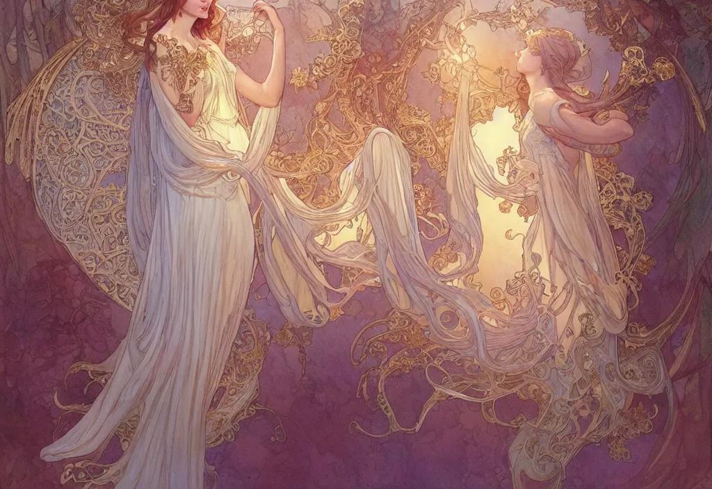 Image similar to an angel, highly detailed, very intricate, art nouveau, gold filigree, romantic storybook fantasy, soft cinematic lighting, award - winning, disney concept art watercolor illustration by mandy jurgens and alphonse mucha and alena aenami, pastel color palette, featured on artstation