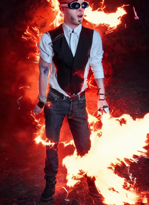 Image similar to An epic fantasy comic book style portrait painting of young man with long red spiked hair. Wearing a black waistcoat, white shirt, using googles. Blasting fire on his hands. Unreal 5, DAZ, hyperrealistic, octane render, cosplay, RPG portrait, dynamic lighting