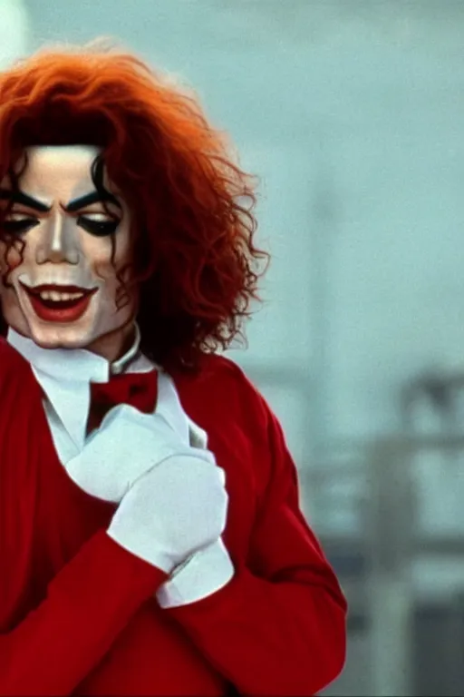 Image similar to film still of michael jackson as ronald mcdonald, full-shot, 4k