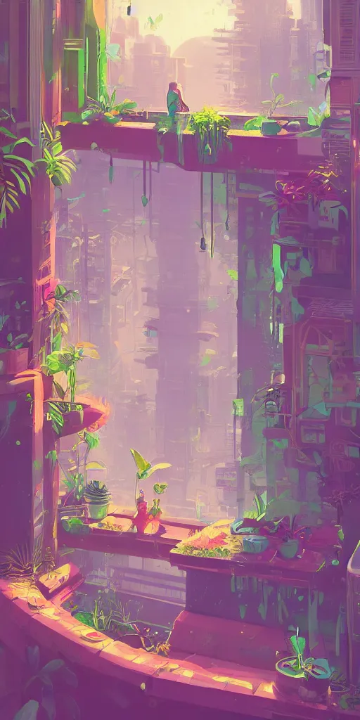 Image similar to lush solarpunk windowsill with plants on it, looking out toward a solarpunk cityscape, vignette of windowsill, detailed digital concept art by anton fadeev and marc simonetti, trending on artstation