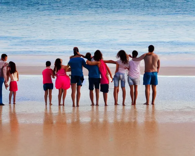 Prompt: family portrait of a group of people hugging each other, standing on top of a sandy beach, a stock photo by demetrios farmakopoulos, shutterstock contest winner, photo taken with canon