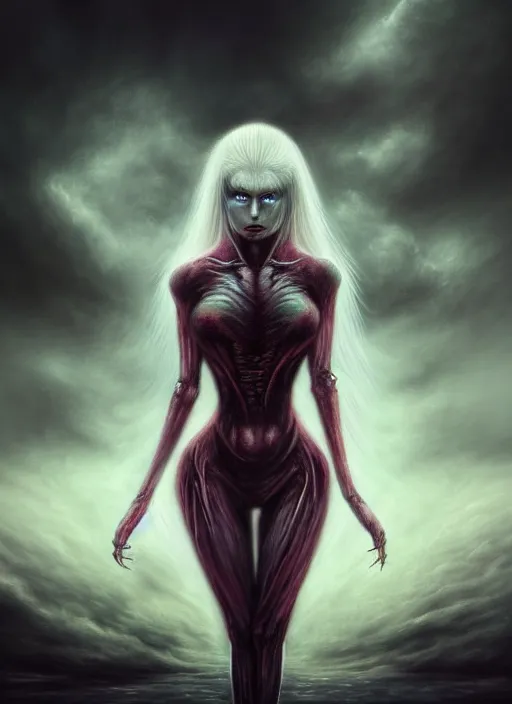 Prompt: realistic detailed image of a young beautiful female vampire-dragon-cyborg, bleach hair blowing in an angry and stormy moody atmosphere, anime art, anime, inspired by H.R. Giger and Zdzislaw Beksinski and Mark Ryden, gothic, rich deep colors. A masterpiece, matte painting, digital art, trending on artstation.