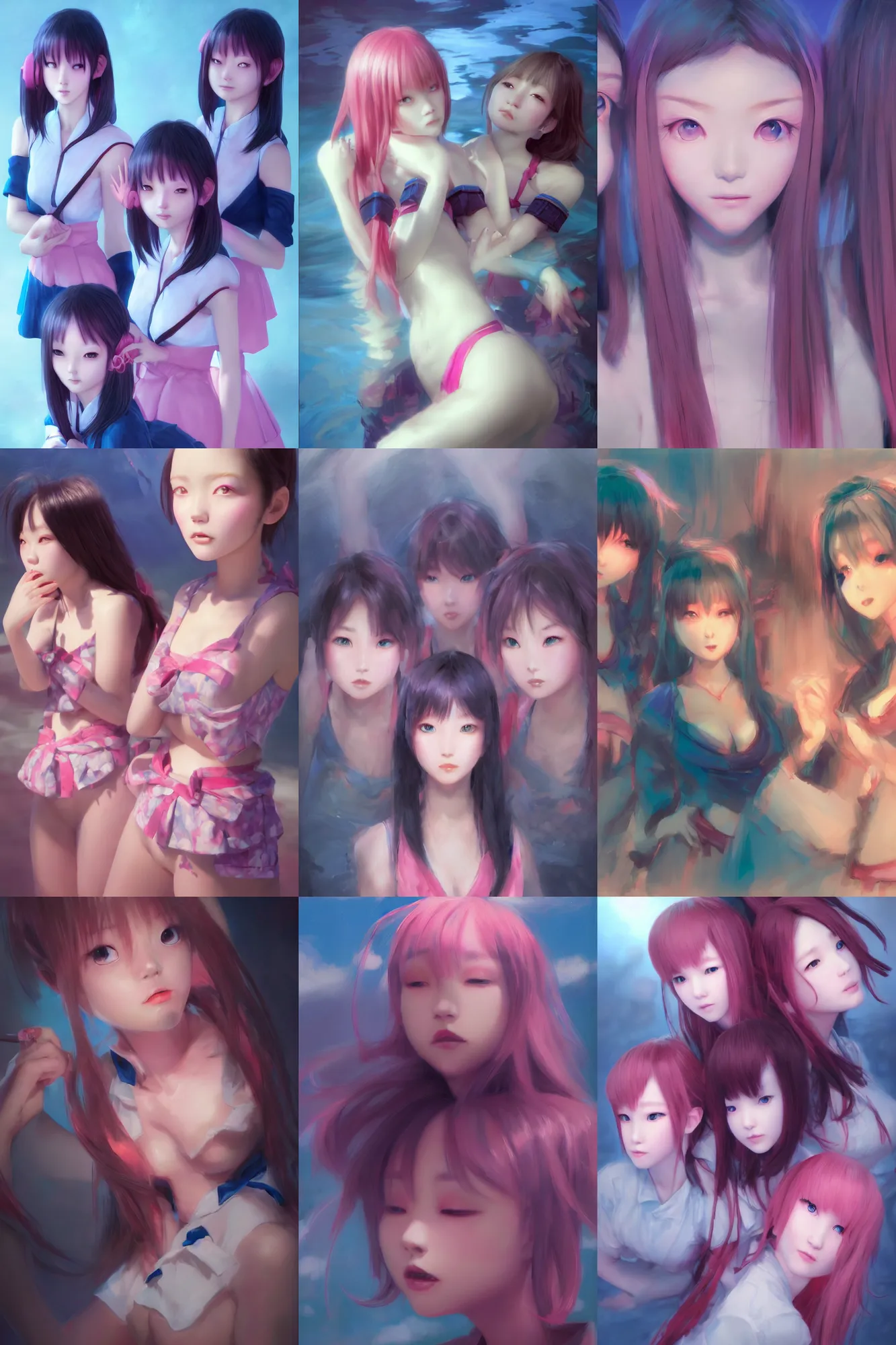 Image similar to 3d dark infrared octane render concept art by D. Jun, by Mo Xiang Tong Xiu, by Igarashi Daisuke, beauty portrait anime schoolgirls under dark pink and blue water. cute face. dramatic light, trending on artstation, oil painting.