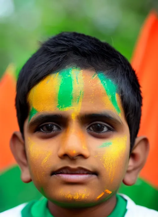 Prompt: a young indian boy with saffron white and green stripes painted on his face, indian flag, chakra in the center