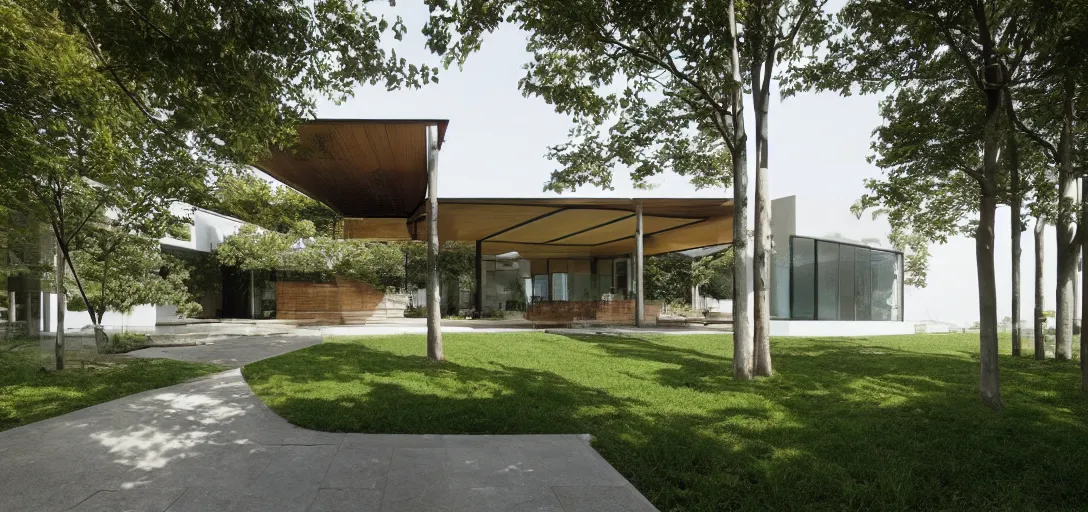 Prompt: single - family house designed by renzo piano. landscape design by kongjian yu.