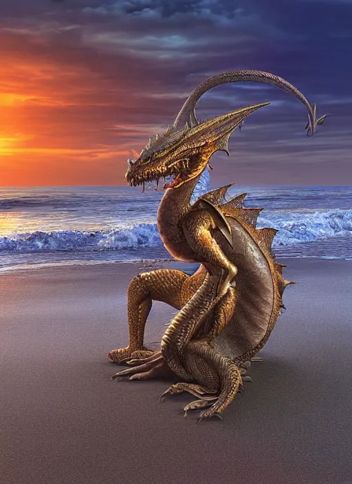 Prompt: a humanoid dragon sitting on the beach, sunrise. digital art