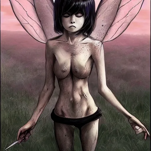 Prompt: scary godlike fairy in the anime style of Junji Ito , eating a frog violently , petite , upper body , epic , traditional makeup , gorgeous features , Post-processing , Greg rutkowski legendary matte painting , masterpiece