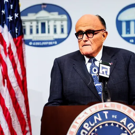 Prompt: Rudy Giuliani giving a press conference in a dump