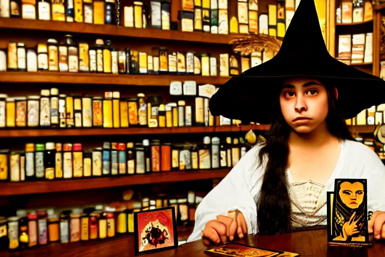 Prompt: 2 0 0 0's photo, close up portrait, dramatic lighting, concentration, calm confident hispanic teen witch and her cat, on candle and tarot cards displayed on the table in front of her, a witch hat and cape, apothecary shelves in the background, still from harry potter, alphonse mucha