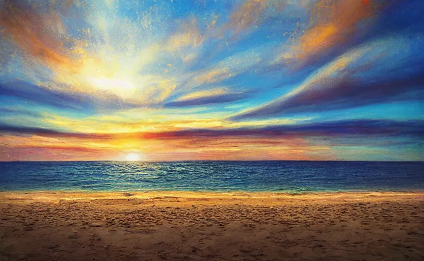 Image similar to sunny day at the beach blue sky big explosion on the horizon war apocalyptic realistic