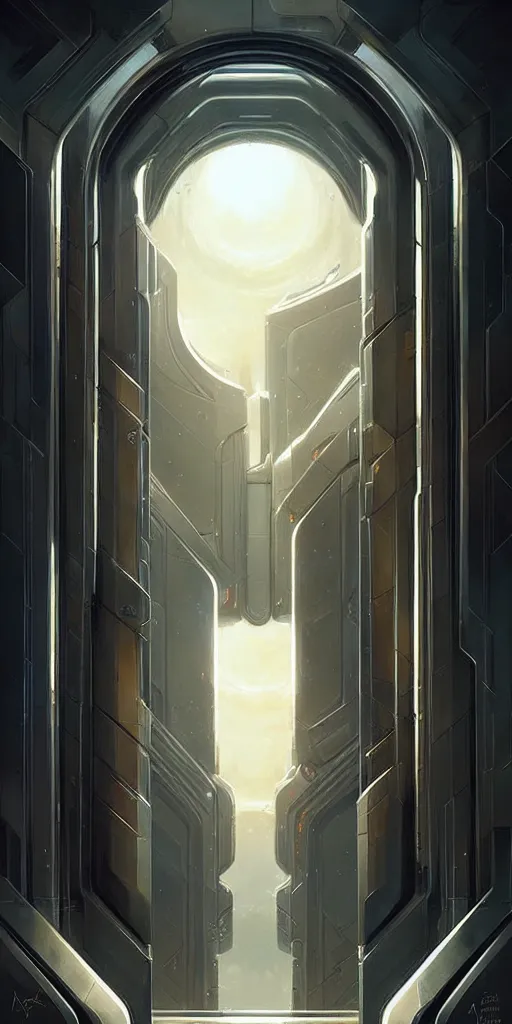 Image similar to hyper realistic art - deco sci - fi double door by jordan grimmer, darek zabrocki