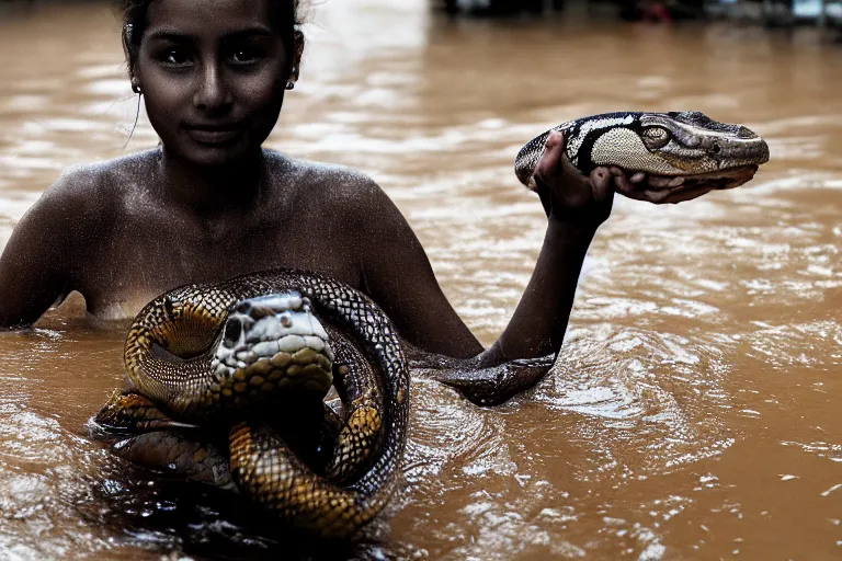 Prompt: closeup portrait of a girl carrying a python over her head in a flood in Pitt Street in Sydney in Australia, photograph, natural light, sharp, detailed face, magazine, press, photo, Steve McCurry, David Lazar, Canon, Nikon, focus