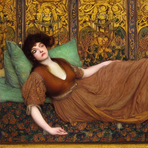 Prompt: preraphaelite photography reclining on bed, hybrid of judy garland and hybrid of lady gaga and lucy hale, aged 2 5, brown fringe, wide shot, yellow ochre ornate medieval dress, john william waterhouse, kilian eng, rosetti, john everett millais, william holman hunt, william morris, 4 k