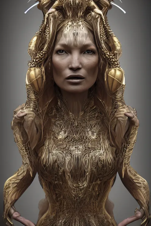 Prompt: a realistic portrait of a beautiful ancient alien woman goddess kate moss standing in iris van herpen dress jewelery and fractals in style of alphonse mucha art nuvo dmt trending on artstation made in unreal engine 4