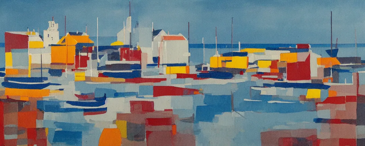 Prompt: a painting of the harbour at Stromness orkney, bauhaus, abstract, simple, bold