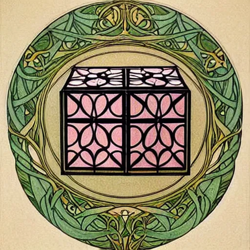 Image similar to beautiful art nouveau painting of companion - cube!!!!!!!!!!!!!!!!! companion - cube!!!!!!!!!!!!!!!!!, by william morris, mucha, gaudy colors. intricate linework. sharp edges.