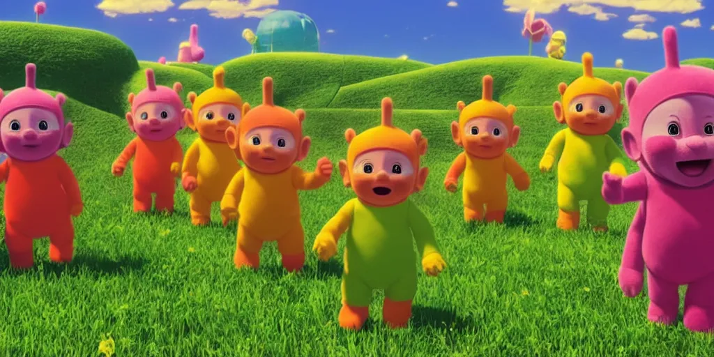 Image similar to teletubbies in the unreal engine, 8k, high detail, volumetric lighting, lensflare