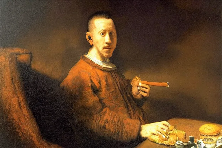 Prompt: rembrandt painting of chester bennington smoking a cigarette and driving a ford focus while hes really depressed and probably listening to robin williams on sirus xm radio and its night time around 11 at night or something like that and maybe his kid is in the back of the car crying about mcdonalds hamburger