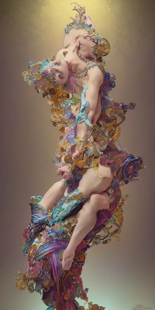 Image similar to portrait of tragedy, full body expressive pose, acrobatic, rainbow eyes, ornate frilly dress, fantasy, intricate, elegant, highly detailed, digital painting, artstation, concept art, smooth, sharp focus, illustration, art by artgerm and greg rutkowski and alphonse mucha, octane render, 3d, hyperrealistic