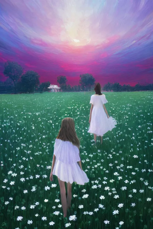 Image similar to giant white daisy flower veil, girl walking in a flower field, surreal photography, sunrise, dramatic light, impressionist painting, colorful clouds, digital painting, artstation, simon stalenhag